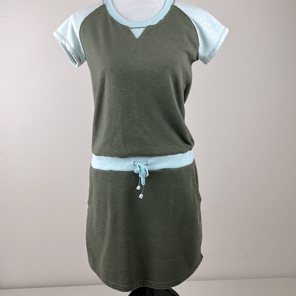 Title Nine Colorblock dress with drop drawstring waist French terry olive & mint - Picture 1 of 10